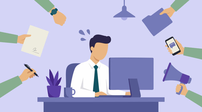 Stressed businessman overwhelmed by multitasking and heavy workload at office