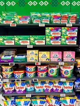 13.06.2026 Bulgaria Varna Supermarket shelf with laundry detergent pods, capsules and sheets