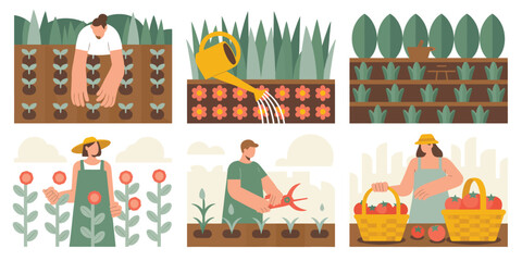 Fototapeta premium Gardening icons, garden illustrations, planting vector set, green thumb graphics