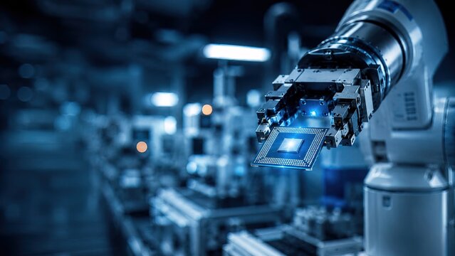 Robotic arm holding glowing microchip in advanced semiconductor manufacturing facility