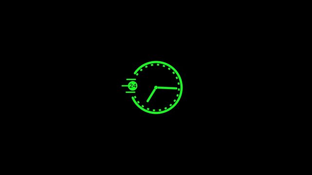 Glowing neon green twenty four hour clock isolated on a dark black background