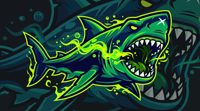 Aggressive green shark mascot with open jaws logo