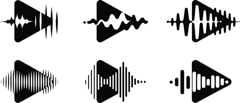 Sound wave, audio signal, play button, vector icons, black and white, soundwave, audio waveform