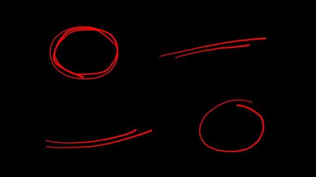  Drawn Red Scribble Lines And Circles Animation On Black Background. Linear and circular sketch  highlights, motion graphics, presentations, and social media edits.