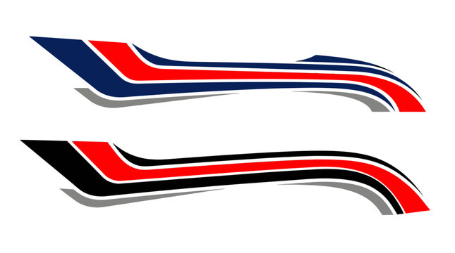 Blue and red curved racing stripe decals.