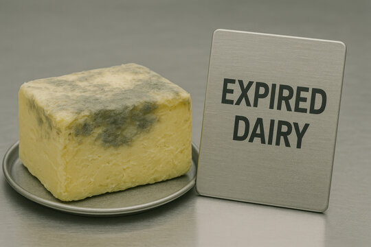 Spoiled butter block with rancid surface placed beside expired dairy card on hygienic stainless steel counter showing food waste and contamination risk