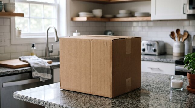 Cardboard moving box placed on a granite kitchen countertop with a sink and window in the background