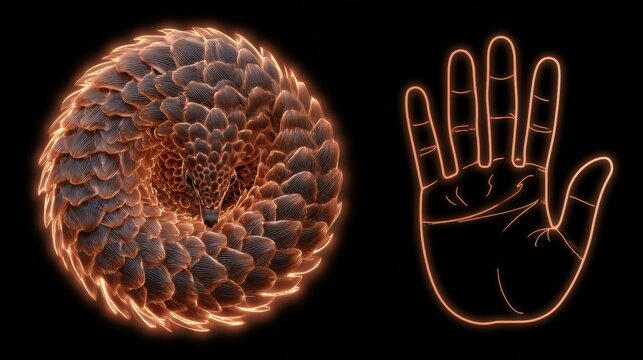 Pangolin rolls into a ball next to an outline of a hand to show size comparison for conservation awareness. The neon effect highlights both subjects.