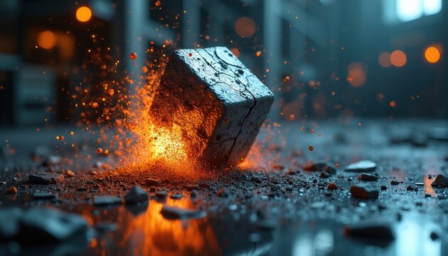 Cracked cube shatters emitting bright orange sparks and fire. Dark industrial background with blurred lights. Abstract concept of breaking apart. Energetic motion.