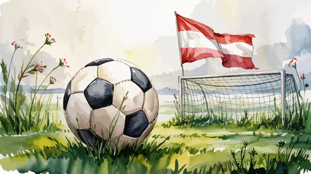 Soccer Field in Austria: A classic soccer ball rests on a grassy field next to a goal, with the Austrian flag waving in the background, bathed in soft, natural light.