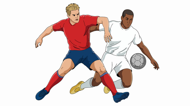 Soccer Rivals Clash: Two determined soccer players, one in a red jersey and the other in white, battle fiercely for possession of the ball in a dynamic display of athleticism and competition.