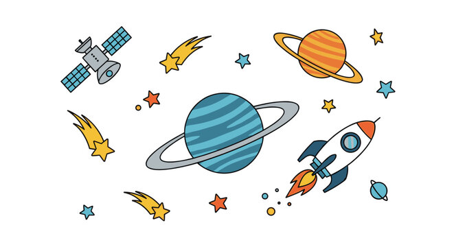 Fun space exploration illustration featuring various planets with rings, a rocket ship, a satellite, stars, and comets on a white background.