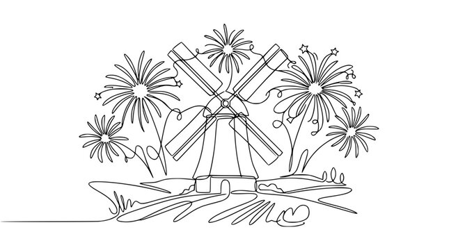 Continuous line drawing of a windmill with fireworks and stars, celebrating nature and festivity.