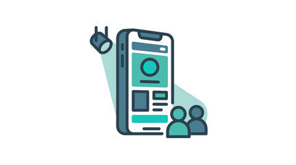 Fototapeta premium Smartphone UI design illuminated by spotlight with people icons for social media influence concept