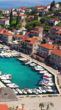 Aerial view of Stomorska Bay with its picturesque harbor on Solta Island, Croatia.