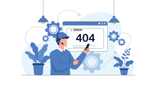 Technical support professional helping to resolve a website 404 error message represented with digital icons and gears.