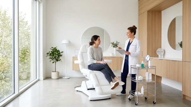 Wide angle view of a modern bright aesthetic clinic room with patient sitting on medical chair