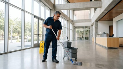 Obraz premium Janitor mopping the floor in a modern office building lobby with large windows and natural light