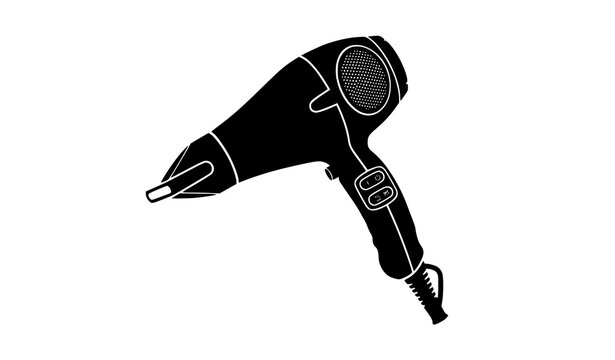 Professional hair dryer black silhouette vector icon with technical details for spa menu
