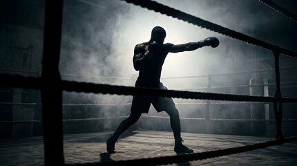 Fototapeta premium Cinematic silhouette of a fighter man in a smoky boxing ring