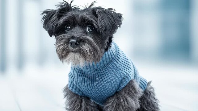 Charming pet attire. Cheerful fluffy dog modeling vibrant warm clothes. Sweet puppy wearing casual apparel standing with joy expression. Small dog dressed in striped knitted sweater posed tongue out