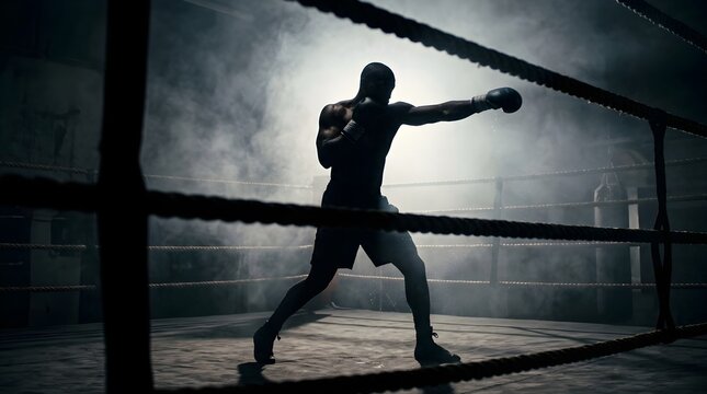 Cinematic silhouette of a fighter man in a smoky boxing ring
