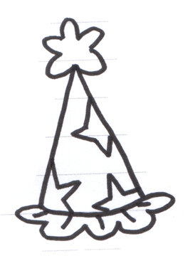Party hat hand drawn doodle sketch illustration with stars and pom pom for birthday celebration event accessory black ink line art