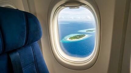 Fototapeta premium Aerial view of tropical islands surrounded by turquoise coral reefs and deep blue ocean water, seen through the oval window of an airplane cabin with a blue seat and safety belt in the foreground