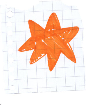 Orange hand drawn star doodle on squared graph paper sheet with torn edges marker sketch illustration for kids projects