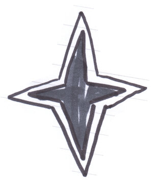 Hand drawn four pointed star sparkle icon sketch in black ink and grey marker for decorative design and organic doodle element