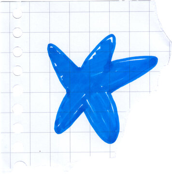 Blue hand drawn star shape painted on squared graph notebook paper artistic creative design element for school and stationery