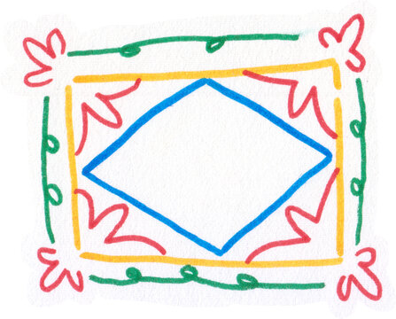 Hand drawn colorful marker border frame with diamond shape and floral accents naive art illustration for school and craft projects