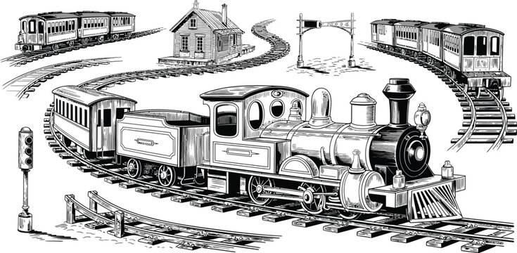 Vintage train, steam locomotive, railroad tracks, black and white illustration, vector graphics
