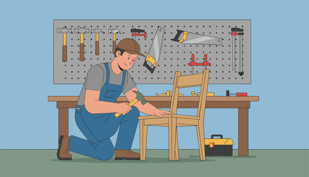 Carpenter working in a workshop repairing a wooden chair with tools hanging on a pegboard wall behind a wooden workbench.