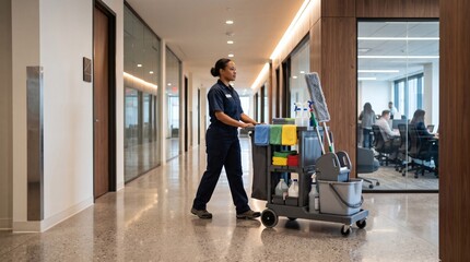 Obraz premium Professional cleaner pushing a cart with cleaning supplies down a modern office hallway