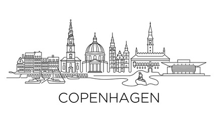 Fototapeta premium Minimalist Linear Outline Illustration Featuring Iconic Architectural Landmarks and Cityscape Skyline of Copenhagen Denmark