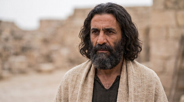 Portrait of a middle aged ancient Levantine man with a beard. Historical biblical character in traditional woven clothing