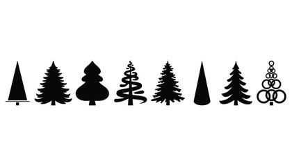 Obraz premium Variety of evergreen and deciduous coniferous tree silhouettes in black, showing different shapes and styles for forest landscapes.