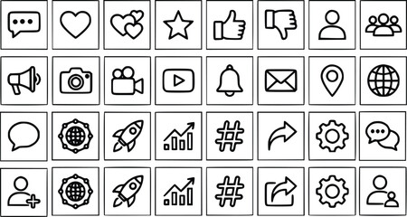 Obraz premium Set of social media and communication line icons isolated on white background