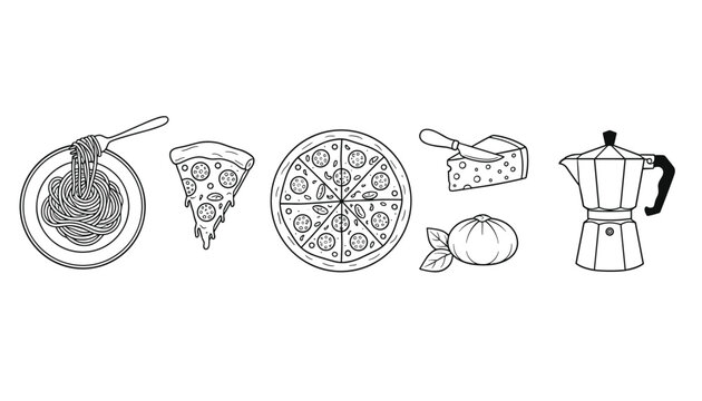 Collection of Italian food icons including spaghetti, pizza slices, a whole pizza, cheese, garlic, and a moka pot for a kitchen theme.