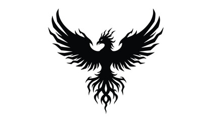 Naklejka premium Powerful and majestic phoenix bird silhouette in black, representing rebirth, power, and transformation, isolated on white background.