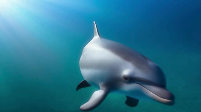 A dolphin swims gracefully through clear blue waters, captured from a frontal angle, revealing a slender, grayish-white body.