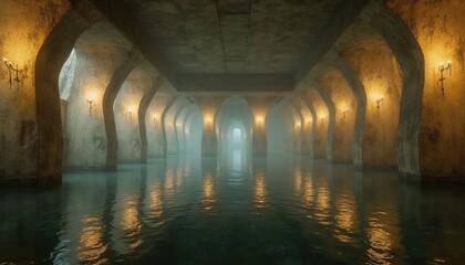 Naklejka premium Vast underground concrete reservoir flooded with water. Arched pillars line the chamber, illuminated by wall lamps. Mist fills the damp, dark, and moody atmosphere, reflecting on the submerged floor.