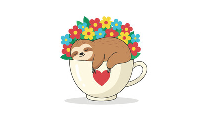 Obraz premium Cute little sloth sleeping peacefully inside a ceramic coffee cup surrounded by colorful blooming flowers on a clean white background.