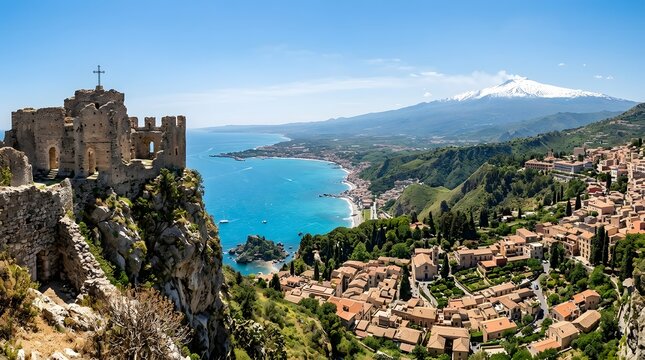 Panoramic view of taormina in sicily, italy, featuring an ancient stone castle ruin on a rocky cliff, a coastal town with terracotta roofs, the blue ionian sea, and mount etna with a snowy peak
