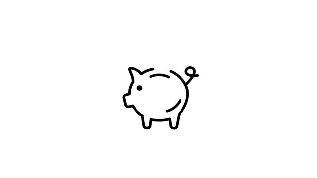 Cute piggy bank with a falling dollar icon animation. minimalist line art piggy bank savings animation.