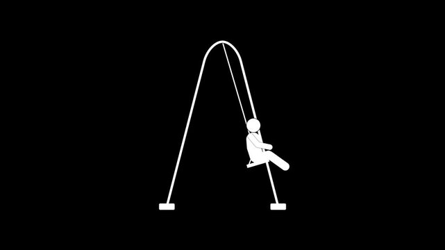 Stick Figure men Swinging on a Swing loop animation. Clean black and white line art animation concept for childhood memories or relaxation animation.
