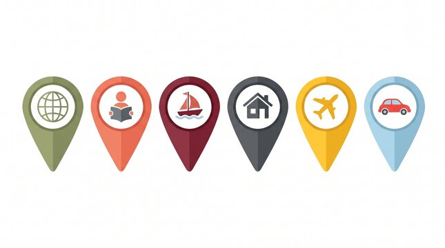 Six colorful map location pin icons with travel symbols, location