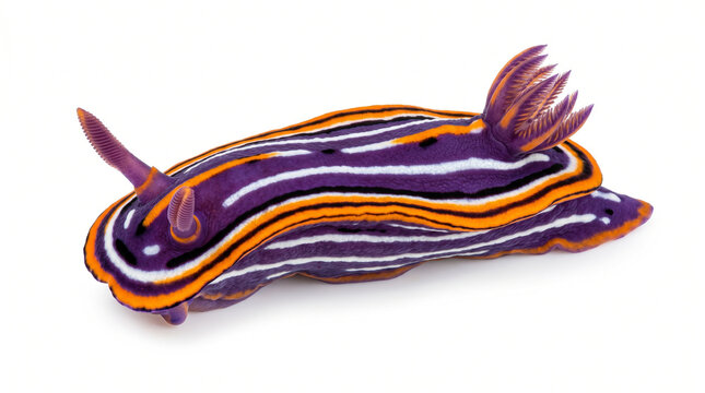 Nudibranch features a striking purple body adorned with vivid orange and white longitudinal lines.