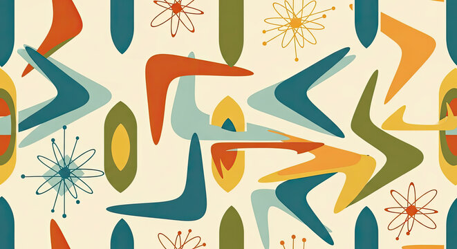 Retro atomic age pattern with boomerangs and sunbursts.